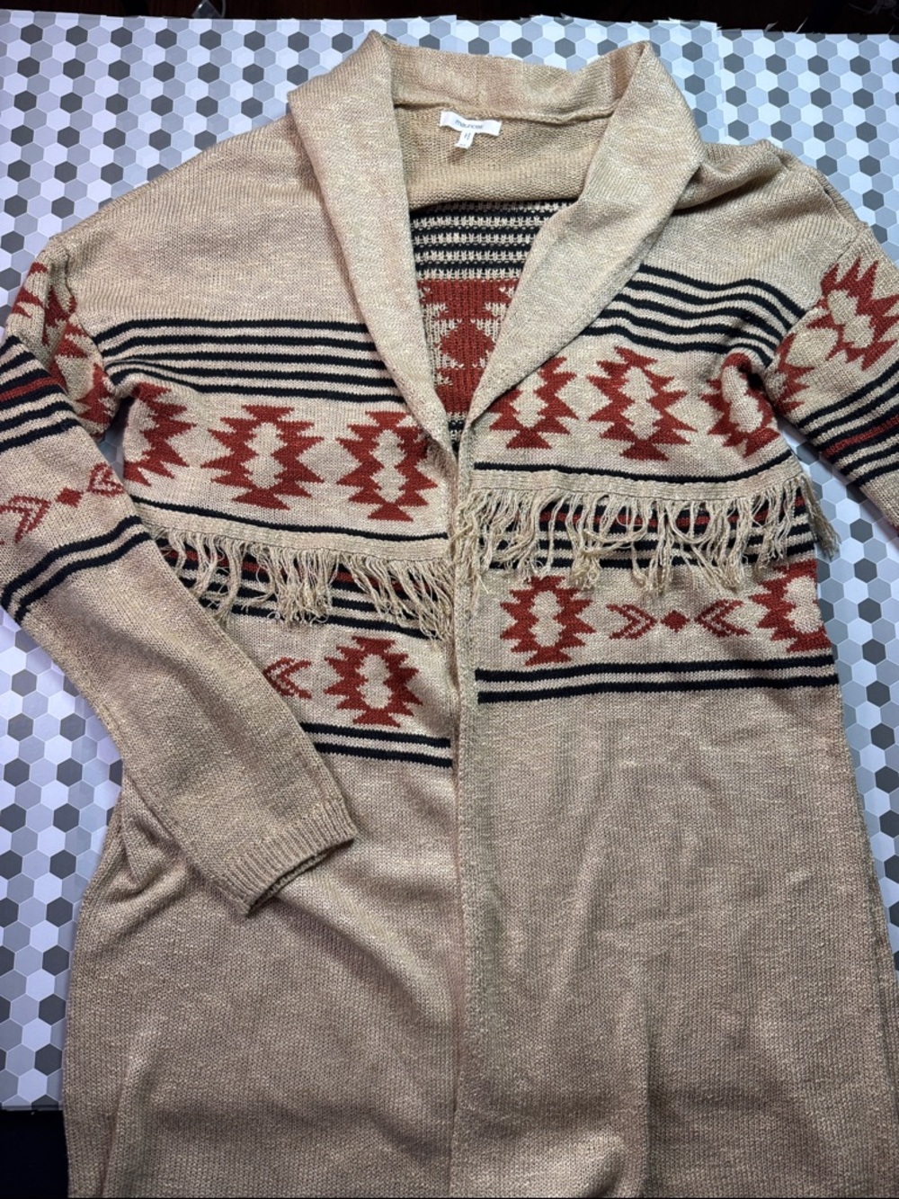 Maurices Beige Fringe Southwestern Pattern Cardigan with Rust and Black Accents